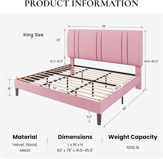 SHA CERLIN King Size Platform Bed Frame, Velvet Upholstered Bed with Adjustable Headboard, Vertical Channel Tufted Design, Sturdy Wood Slat Support, No Box Spring Needed, Easy Assembly, Pink