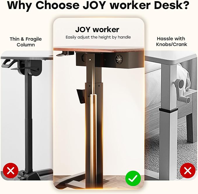 JOY worker Height Adjustable Rolling Laptop Desk with Shelf, Mobile Standing Desk, Pneumatic Mobile Laptop Table with Wheels for Couch Home Office School, Holds Up to 22lbs, Dark Walnut