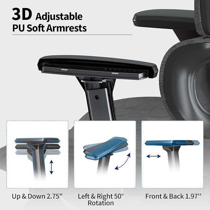 PatioMage Ergonomic Office Chair with Footrest, Big and Tall Desk Chair with Adjustable Lumbar Support, Seat Depth & 3D Armrests, High Back Mesh Computer Chair for Home Office, Black