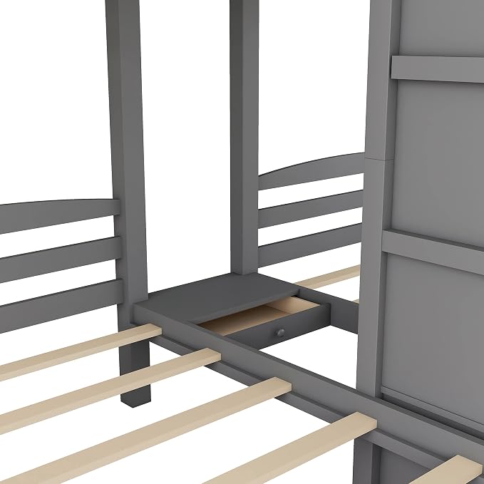 VilroCaz Twin Size Triple Bunk Bed with Built-in Staircase and Storage Drawer, Solid Wood Bunk Bed Frame with Safety Full-Length Guardrail for 3, Bedroom Guest Room Home Furniture (Gray)