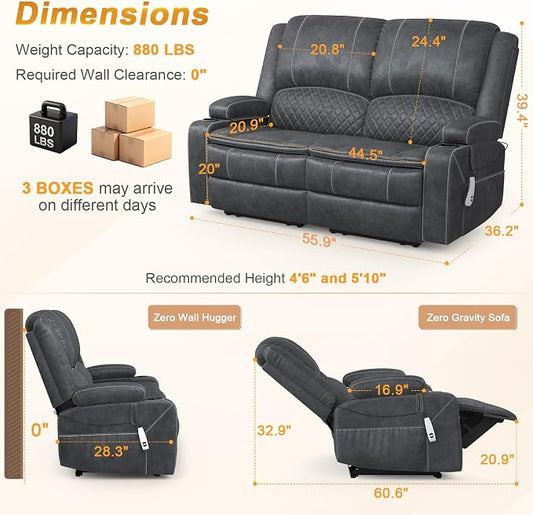 Upgraded Power Loveseat Reclining Couch, Reclining Loveseat Sofa RV Couch with Removable Armrest and Remote Control, Velvet Wall Hugger Home Theater Seating with 2-Tier Cushions, Storage (Velvet,Grey)