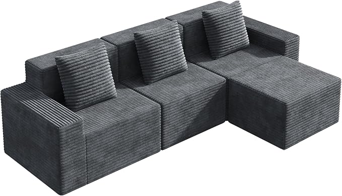 WLIVE 110'' Cloud Sectional Couches for Living Room, Modular Boneless Couch with Facing Chaise, L Shape Memory Foam Corduroy, with Ottoman, Grey