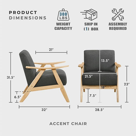 Lexicon Mid Century Modern Accent Chair with Solid Wood Frame in Natural Finish, Textured Fabric Living Room Lounge Arm Chair, Thick and Comfy Innerspring Seat Cushion, Linen-Look Fabric, Dark Gray