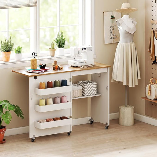 Giantex Folding Sewing Table with Charging Station, Rolling Craft Table with Storage Trays & Shelf, Foldable Sewing Machine Cabinet Desk with Lockable Wheels for Small Spaces (White & Natural)