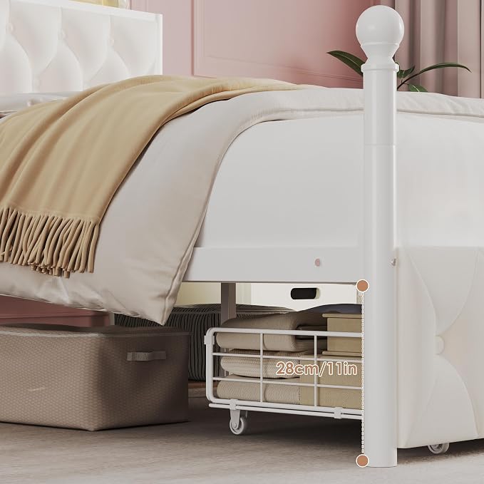 Keyluv Twin Size Upholstered LED Canopy Bed Frame with Charging Station and Drawer, Button Tufted Crown Headboard with Storage Shelf, Two-Purpose Removable Four Poster Design Platform Bed, Beige
