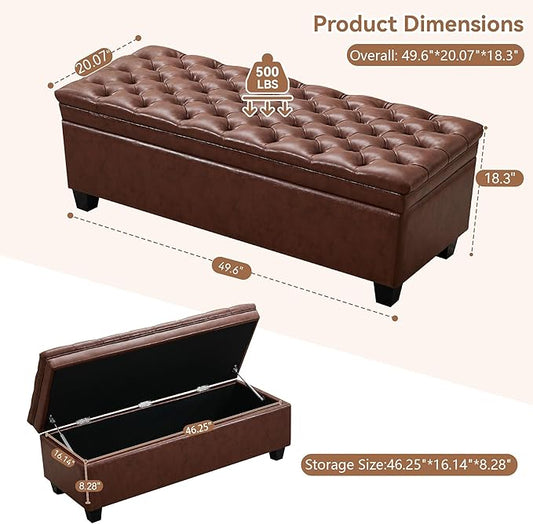 WUTUTUEE 50" Faux Leather Storage Ottoman Bench, Upholstered Rectangle End of Bed Storage Ottoman Tufted Living Room Bedroom Bench with Safety Hinge, Solid Wood Legs, Loads 500 lb(Brown)