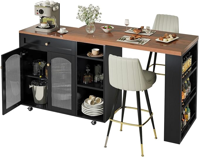 LYNCOHOME 71.1" Rolling Kitchen Island with 360° Rotating Tabletop, Mobile Lockable Wheels & Adjustable Shelves, Multifunctional Storage Cart for Kitchen & Dining(Black)
