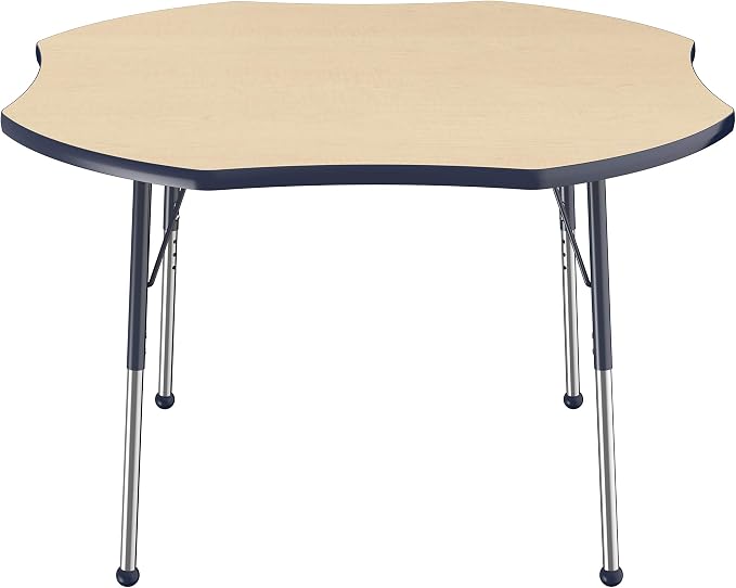 FDP Clover Activity School and Office Table (48 x 48 inch), Standard Legs with Ball Glides for Collaborative Seating Environments, Adjustable Height 19-30 inches - Maple Top and Navy Edge