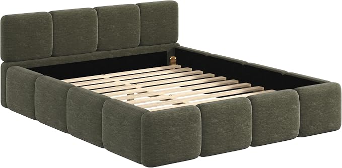 Merax Queen Size Boucle Platform Bed with Thick Headboard and Footboard, Block Style Upholstery Grounded Bed Frame, Green