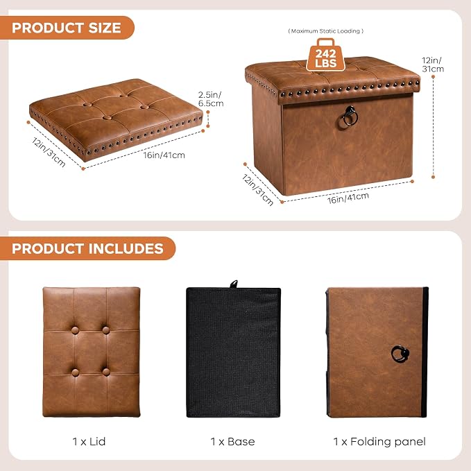 oakvivo Folding Storage Ottoman 16x12x12 inches, Small Faux Leather Foot Rest Stool with Button Tufted Rivet Design, Footstool Bench, Ottoman with Storage for Living Room Bedroom Coffee Table, Brown