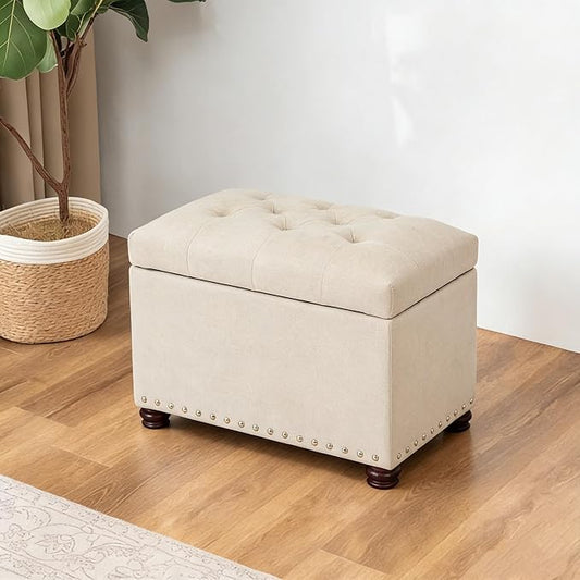 Joveco Storage Ottoman, 24" Fabric Rectangle Tufted Bench Foot Rest Stool for Living Room Bedroom, Beige