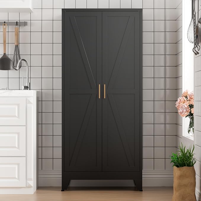 COFaR Black Farmhouse Storage Kitchen Pantry Cabinet with 2 Barn Door, 3 Adjustable Shelves and Legs, for Cupboard/Dining Room/Bathroom/Living Room/Office/Laundry Room (Black, 61" Farmhouse)