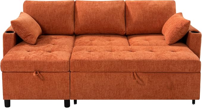84" L-Shape Pull Out Sofa with 2 Storage Chaise, Orange | Chenille Sectional Sleeper Sofa w/Adjustable Backrest, Upholstered Reversible Couch Bed w/USB Port for Living Room, House