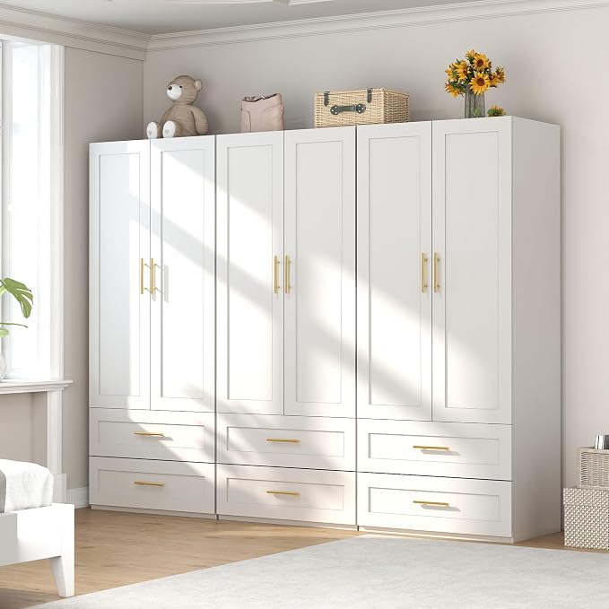 White Wardrobe with 2 Doors: 75" Tall Armoire Wardrobe Closet with 2 Drawers, Bedroom Closet Cabinet for Hanging Clothes, Wooden Storage Armoire with Shelves (Contemporary, 3)