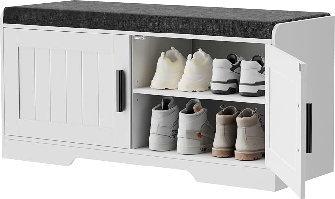 Homleke 2-Tier Storage Bench, Shoe Bench with Thickened Padded Seat Cushion, Entryway Bench with 2 Doors, Adjustable Shelf, 13.8" D x 37.4" W x 18.5" H, for Entryway, Living Room, Bedroom, White