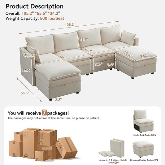 105" Cloud 4 Seater Sectional Modular Couch with 2 Storage Ottoman, Upholstered Storage Sofa Modern Couch Deep Seat, Chenille U Shape Sofa Comfy Couches with Armrests for Living Room, Beige