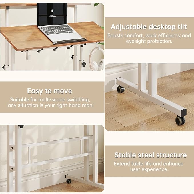 SIDUCAL Mobile Stand Up Desk with USB Ports and Outlets, Adjustable Laptop Desk on Wheels, Home Office Workstation, Rolling Laptop Cart for Standing or Sitting, 31.5" x 23.6" Vintage Oak