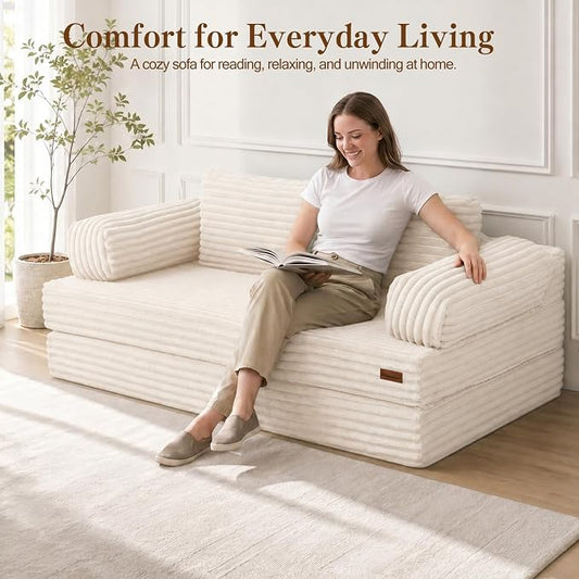 MeMoreCool Convertible Sofa Bed, Folding Floor Couch Bed Queen, Pull Out Sleeper Couch with Pillows, Fold Out Futon Sofa for Bedroom Living Room Small Space, Corduroy Beige
