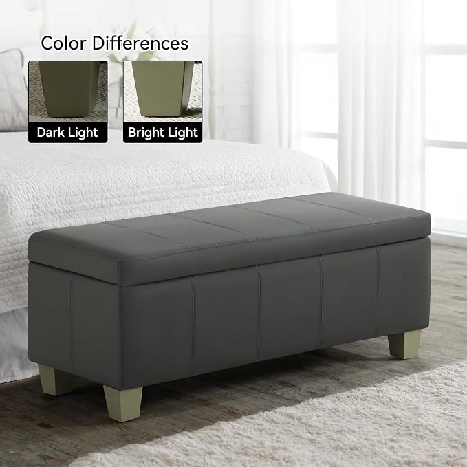 WUTUTUEE 41" Faux Leather Storage Ottoman, Stitch Tufted Rectangle Upholstered End of Bed Storage Bench, Entryway Large Couch Ottoman with Wooden Legs,Dark Grey