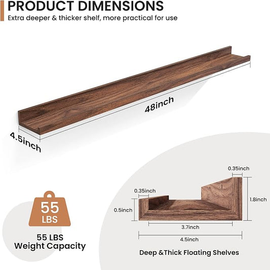 Fun Memories Picture Ledge Shelves Set of 2, 48 Inch Rustic Wall Mounted Floating Shelves with Lip for Home Storage and Décor in Bathroom, Kitchen, Nursery, Bedroom, Living Room, Walnut