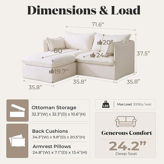 Cloud Modular Loveseat + Ottoman, Oversized Deep Seat, Linen Blend | Fully Removable Washable Covers, Memory Foam Seat Cushions, Storage Ottoman, Premium Fabric