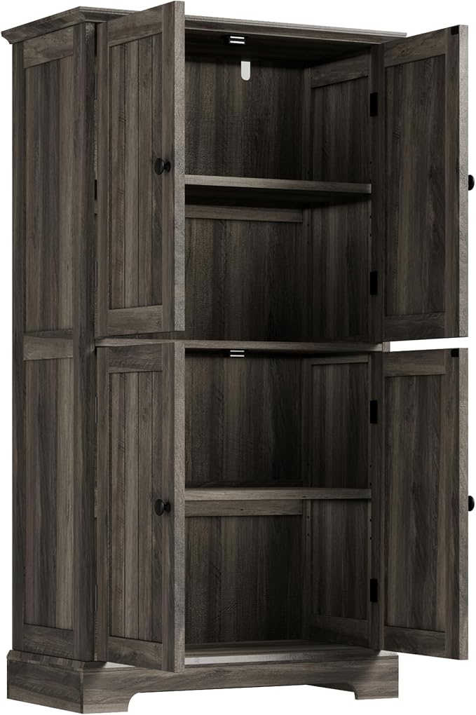 ChooChoo Bathroom Floor Cabinet, Farmhouse Bathroom Storage Cabinet with 4 Doors and Adjustable Shelves, Pantry Cabinet for Living Room, Kitchen, Retro Grey