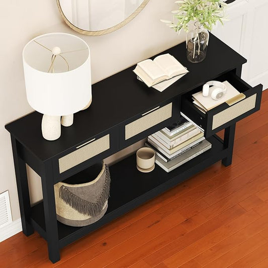 Entryway Table with 3 Drawers, Boho Rattan Console Table with Storage Shelf | Narrow Sofa Table Behind Couch for Hallway, Foyer & Living Room, 47" Wood Accent Table, Easy Assembly, Anti-Tip, Modern Black