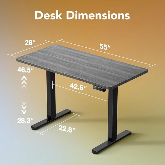 HUANUO Electric Standing Desk,55" x 28" Height Adjustable Desk, 4 Memory Height Settings, Sit to Stand Up Desk for Home Office, with Headphone Hook, Cable Manager, Grey