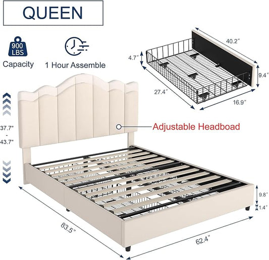 VECELO Queen Size Platform Bed Frame with Type-C & USB Charging Stations/4 Storage Drawers, Upholstered Adjustable Headboard, Strong Wooden Slats Support, No Box Spring Needed, Easy Assembly