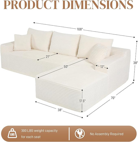 108" L Shaped Cloud Boneless Sectional Couches for Living Room, Modern Comfy Modular Deep Seat Memory Foam Compressed Corduroy Sofa Oversized Right Facing Chaise, No Assembly Required, White