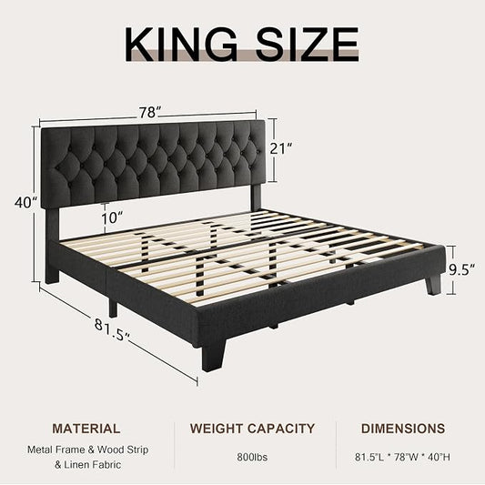 Einhomn King Size Upholstered Bed Frame with Headboard, Tufted Button Linen Bed Base, Platform Bed with Heavy Duty Wood Slat Support, No Box Spring Needed, Easy Assembly, Noise-Free, Dark Grey