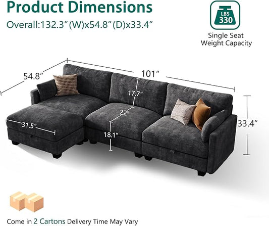 Modular Sectional L Shaped Sofa Couches for Living Room, Cloud Couch with Storage Ottoman, Comfy Chenille Sofa with Pillow, Black
