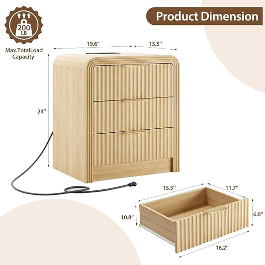 Decofy Fluted Nightstand with Charging Station, Modern Bedroom Side Table with Gold Handles, Curved Profile Design, End Table Wood Organizer for Bedroom, 19.7" & 3 Drawers (1 Pack, Natural Oak)