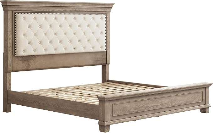 LUXOAK Solid Pine Wood King Bed Frame with 69" High Upholstered Headboard, Transitional Style Platform Bed, No Box Spring Needed & Easy Assembly, Button-Tufted Chenille Fabric, Antique Taupe