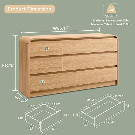 Aitjunz Modern 8 Drawers Dresser for Bedroom, 55" Wide Dressers & Chest of Drawers w/Curved Profile Design, Wood Mid Century Storage Dressers Organizer for Bedroom, Living Room, Natural Oak