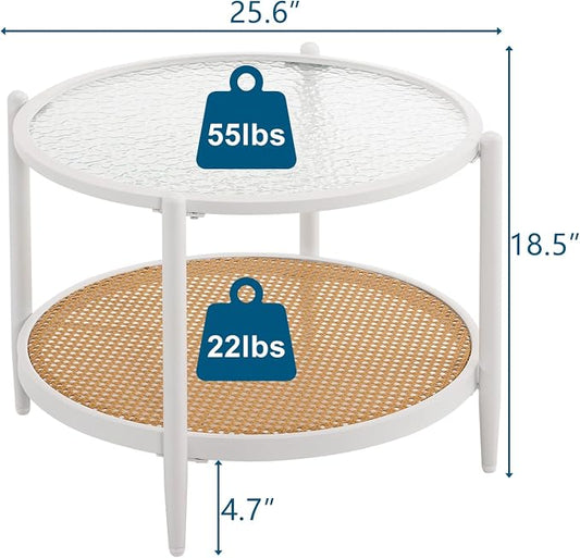 VINGLI 25.6" Coffee Table for Living Room, Round Water-Wave Glass Metal Center Table, Modern Rattan Coffee Table with 2-Tier Storage, Farmhouse Circular End Table for Small Space, White