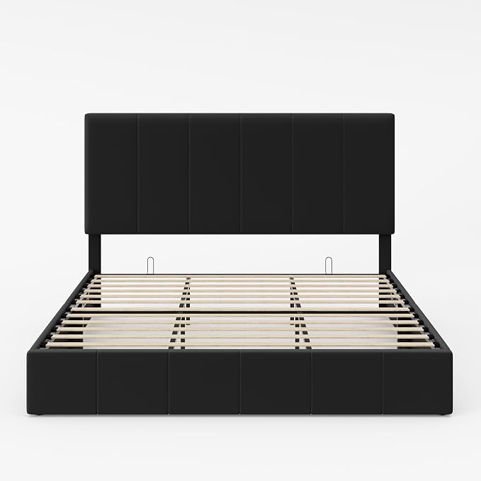 Allewie King Size Velvet Lift Up Storage Bed Frame, Vertical Channel Tufted Headboard, Hydrualic Underneath Storage, Upholstered Platform Bed, Wooden Slats Support, No Box Spring Needed, Black