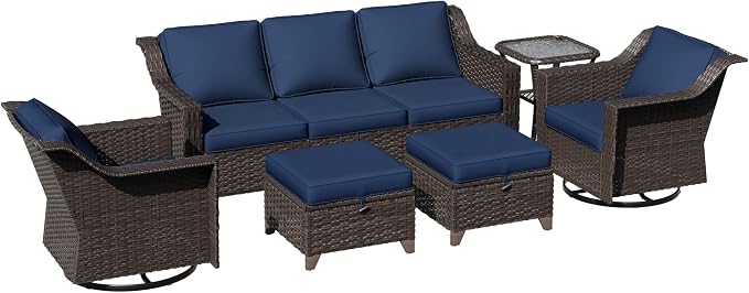 6 Pieces Patio Conversation Furniture Set - 1 Sofa, 2 Swivel Chairs, 2 Ottomans, 1 Side Table, Outdoor Wicker Furniture with Removable Cushions for Porch, Balcony, Sunroom (Blue)