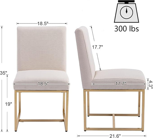 HNY Modern Dining Chairs Set of 2, Upholstered Linen Dining Room Chairs with Ergonomic Back & Polished Gold Metal Frame for Home, Kitchen, Apartment, Cream