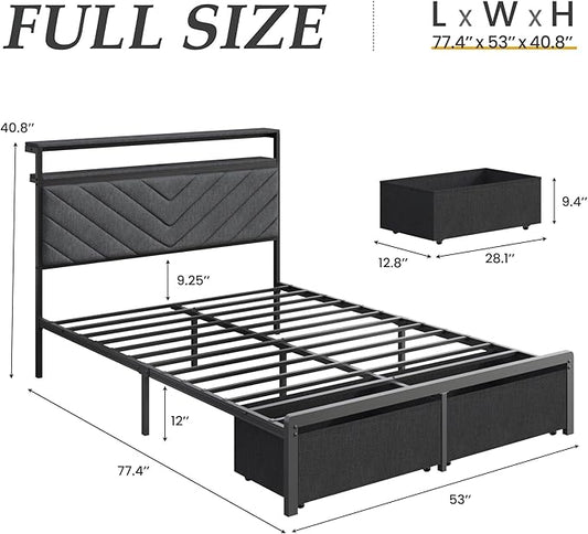 Fluest Full Bed Frame with 2 Drawers, Upholstered Headboard with Storage and Charging Station, LED Lights, Fabric Drawers with Wheels, Under Bed Storage, No Box Spring Needed, Easy Assembly, Grey