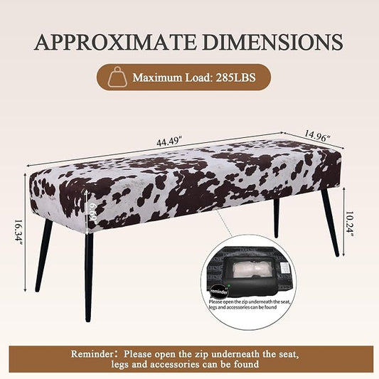 DUHOME Velvet Bench Ottoman, Upholstered Bedroom Benches Cow Print End of Bed Bench with Black Metal Base for Entryway Dining Room Living Room Bedroom, Brown