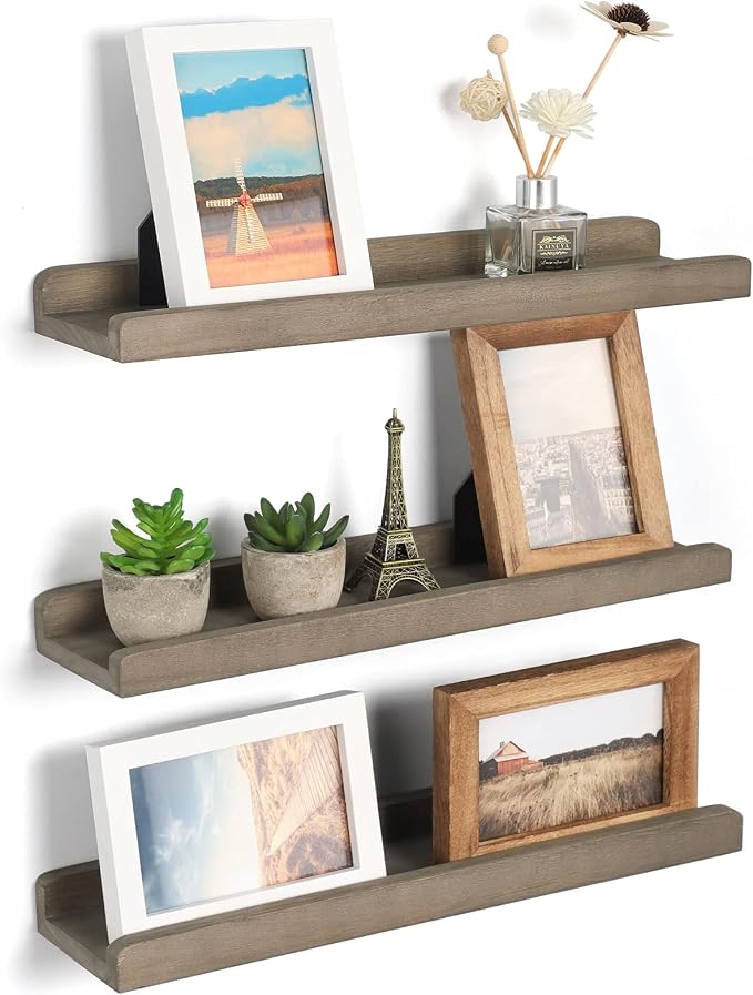 Emfogo Wood Picture Ledge Shelf Rustic Floating Wall Shelves Set of 3 for Storage and Display 16.9 inch Weathered Grey