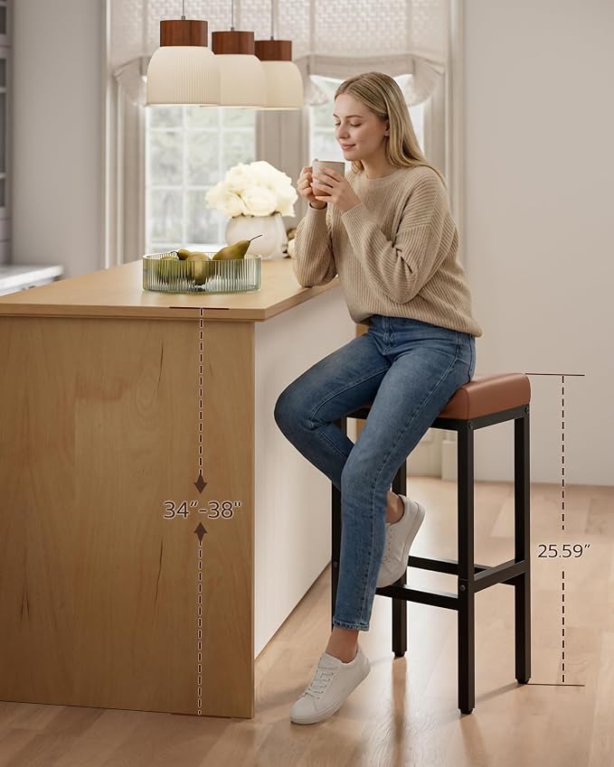 Bar Stools Set of 3-24 Inch Counter Height Chairs for Kitchen Island, Leather Seat with 400 LBS Heavy-Duty Metal Frame and Adjustable Feet, Easy to Assemble for Bar, Café or Dining Room,Brown
