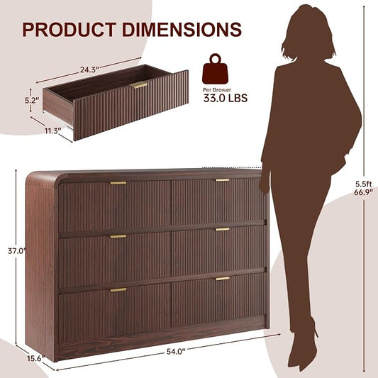 FURSUN Fluted 6 Drawers Dresser for Bedroom, 54" Wide Wooden Dresser with Metal Handle, Curved Profile Design, Modern Storage Organizer for Bedroom, Living Room, Hallway, Dark Walnut