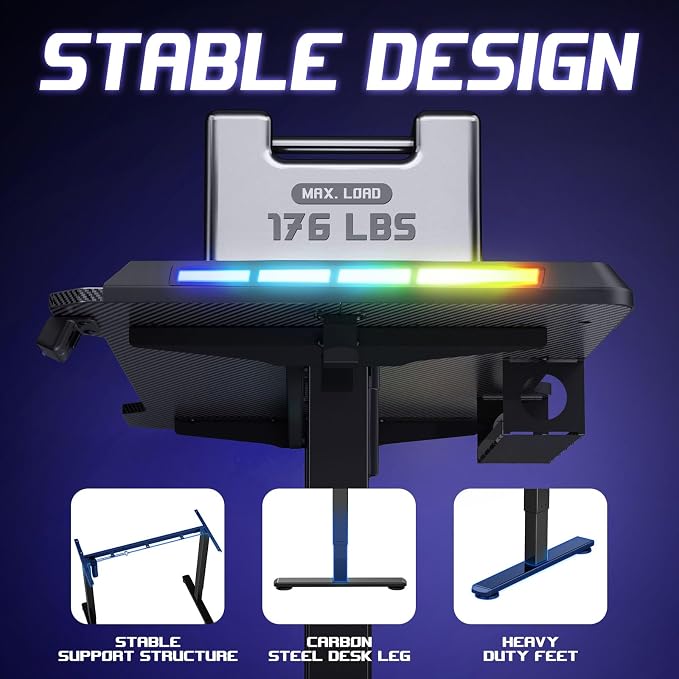 Gaming Standing Desk with LED Lights & Host Shelf, 55" x 24" Gaming Table with Music Sensing APP Control, Underdesk Cable Storage Electric Standing Desk, Black Carbon Fiber PC Table for Home Office
