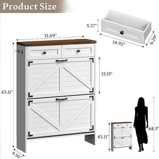 BORNOON Shoe Cabinet with Odor Control Deodorizer and Back Panel, Farmhouse Narrow Shoe Storage Cabinet Rack for Entryway with 2 Flip Drawers and 2 Top Drawers, Adjustable Shelves, Side Hooks