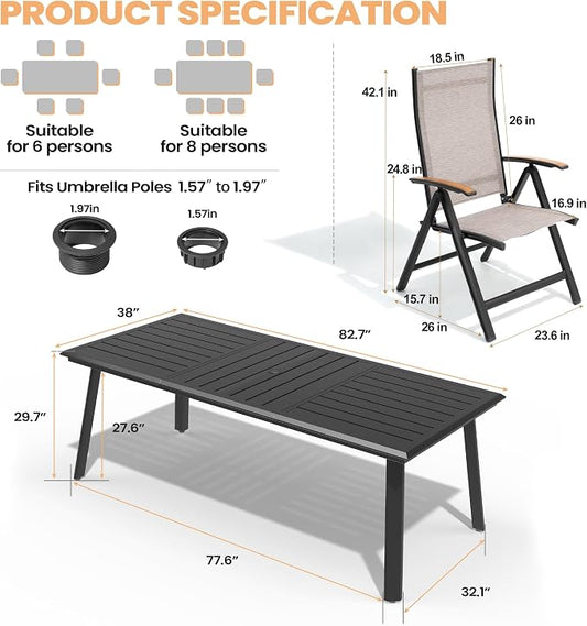 Pellebant 9 Pieces Aluminum Patio Table and Chairs Set - 83" Rectangular Table and Foldable Chair Outdoor Dining Set with Umbrella Hole, Weather Resistant Sturdy Frame for Deck, Porch & Backyard