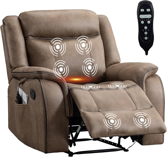 Massage Recliner Chair with Heat, Faux Leather Recliner Chairs for Adults, 39" Wide Manual Reclining Ergonomic Lounge Chair, Overstuffed Wall Hugger Recliners for Living Room, Nut Brown
