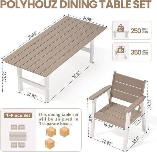 Outdoor Dining Set,5-Piece Patio Table and Chairs Set for 4, HDPE Outdoor Dining Table and Chairs with Umbrella Hole, All-Weather Patio Dining Furniture Set,White Brown