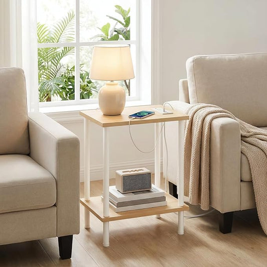 HOOBRO Side Table with Charging Station, End Table with USB Port and Outlet, Nightstand with 2-Layer Storage Shelves for Small Spaces, Living Room, Bedroom, Stable Frame, Natural and White WN09UBZ01